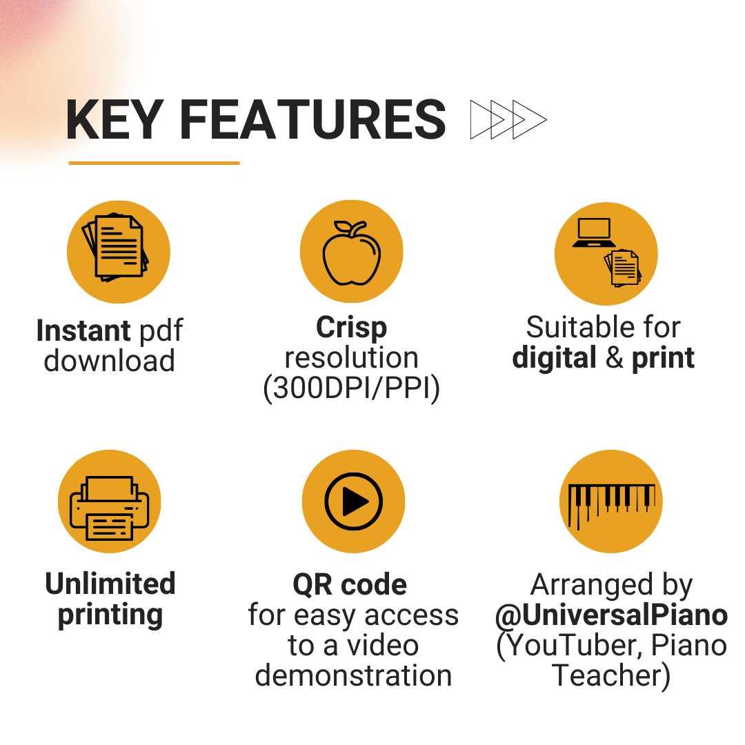 All notes labelled, QR code included for video demonstration on youtube, instant pdf download, suitable for both digital and print use, clear & crisp resolution (300DPI/PPI), unlimited printing, arrange by piano teachers and youtuber @UniversalPianoHQ (greater than 400 thousand views