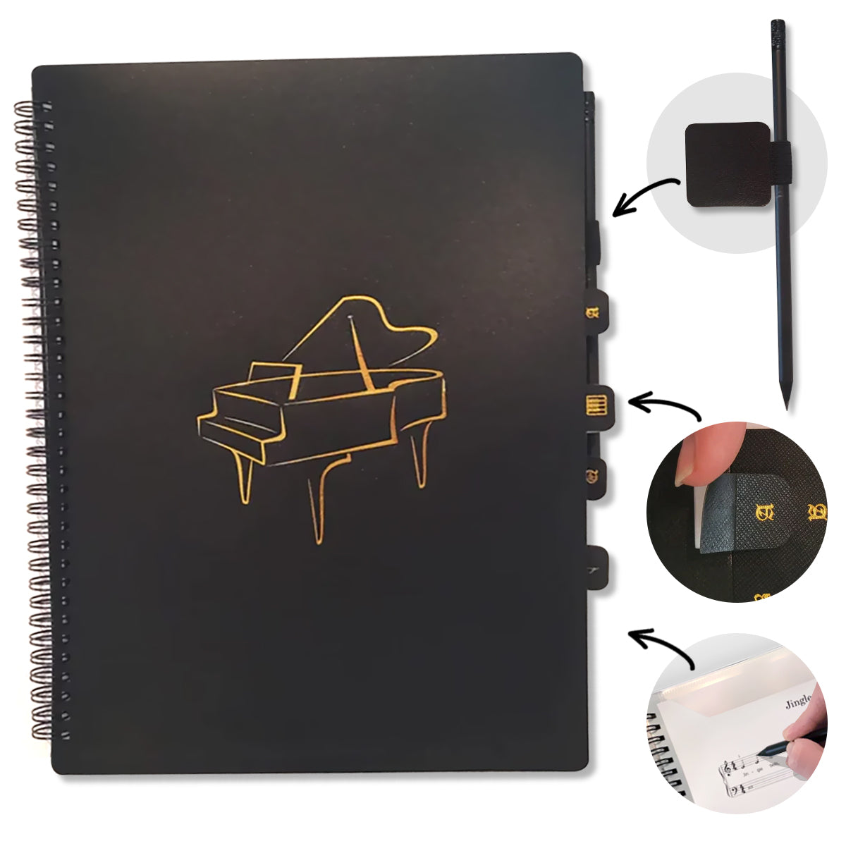 Closed display folder with a sleek, minimalist cover, featuring circular cutouts that highlight key features: divider tabs for organization, an adhesive pencil holder, and unique sleeves for easy writing and no glare. Designed specifically for pianists to maximize productivity