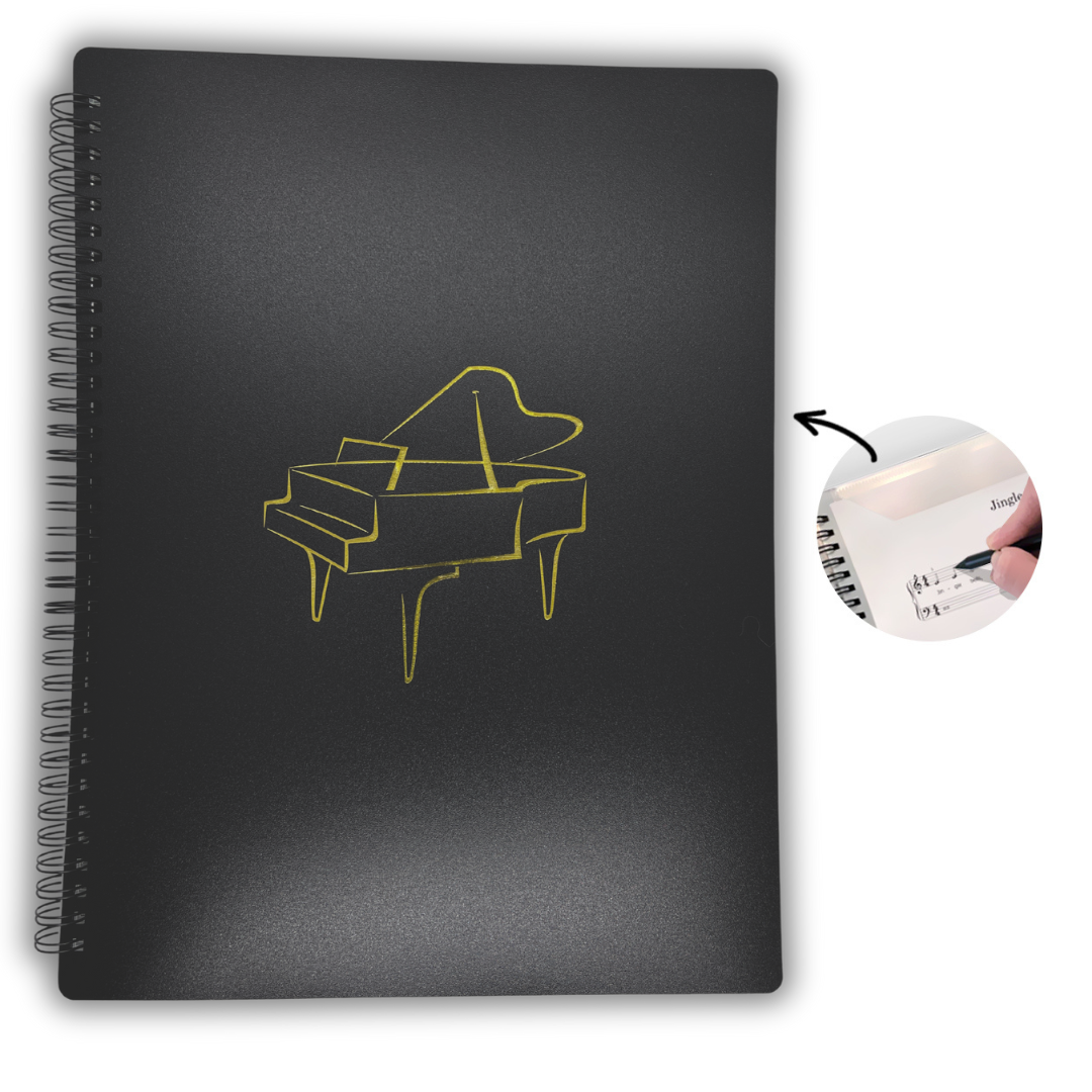 Image of black folder with a gold embossed piano on it, with a zoomed in image on the right of the interior, showing how the sleeves have no glare and can be written on directly