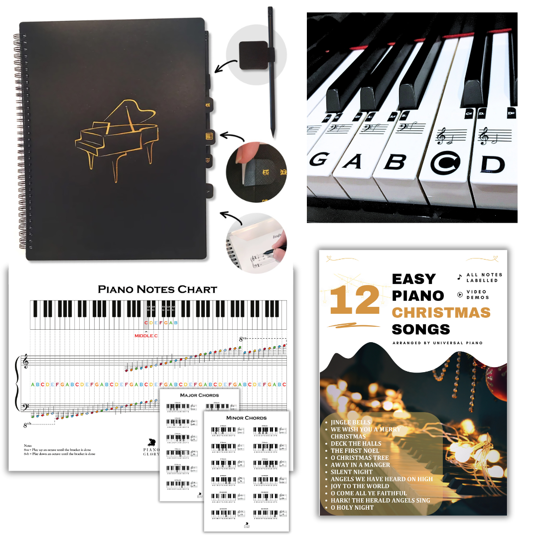 Piano beginnger bundle; this picture has an A4 Music folder, divider tabs, piano stickers, piano notes chart, major and minor chords chart, christmas song book