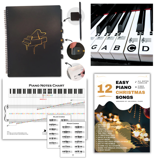 Piano beginnger bundle; this picture has an A4 Music folder, divider tabs, piano stickers, piano notes chart, major and minor chords chart, christmas song book