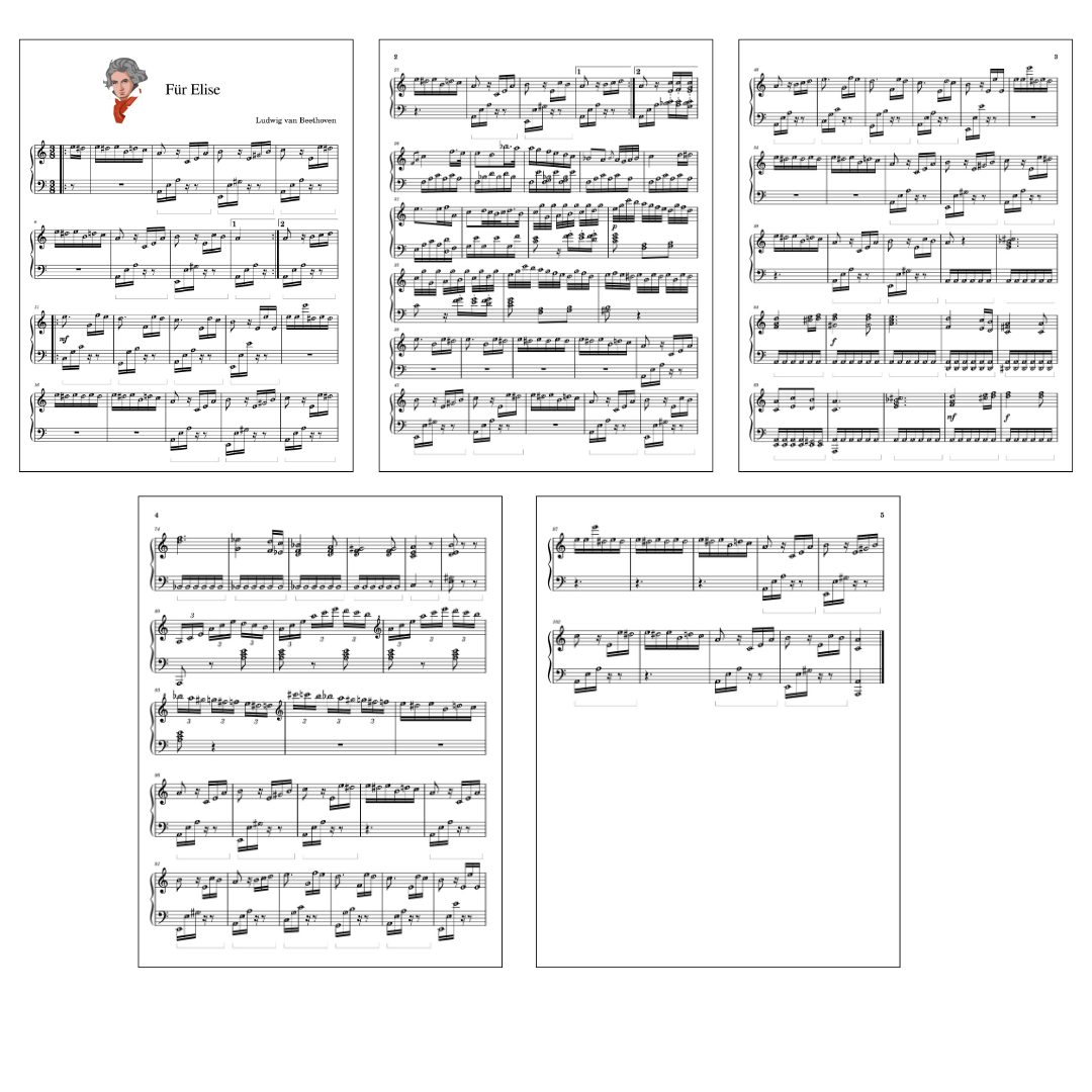 All pages of 'Für Elise' piano sheet music displayed on one screen, with labeled notes to help you learn to read notes more easily. The note labels guide you through the piece, making it simpler to play and practice with confidence