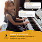 A girl sitting at a piano and playing, with a label saying 'Simple and Effective.' Beside her is a piano notes chart designed to help users learn to read notes on piano. The chart features labeled keys with each note name (e.g., C, D, E)