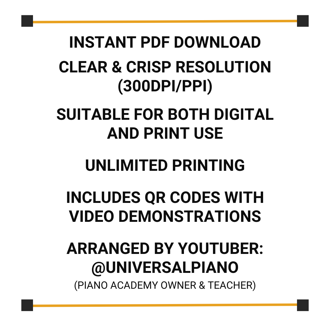 List of features - easy piano sheet music, arranged by Steve from Universal Piano (piano teacher & YouTuber). Instant PDF download, high-quality, clear resolution (300 DPI/PPI), perfect for digital or print use.