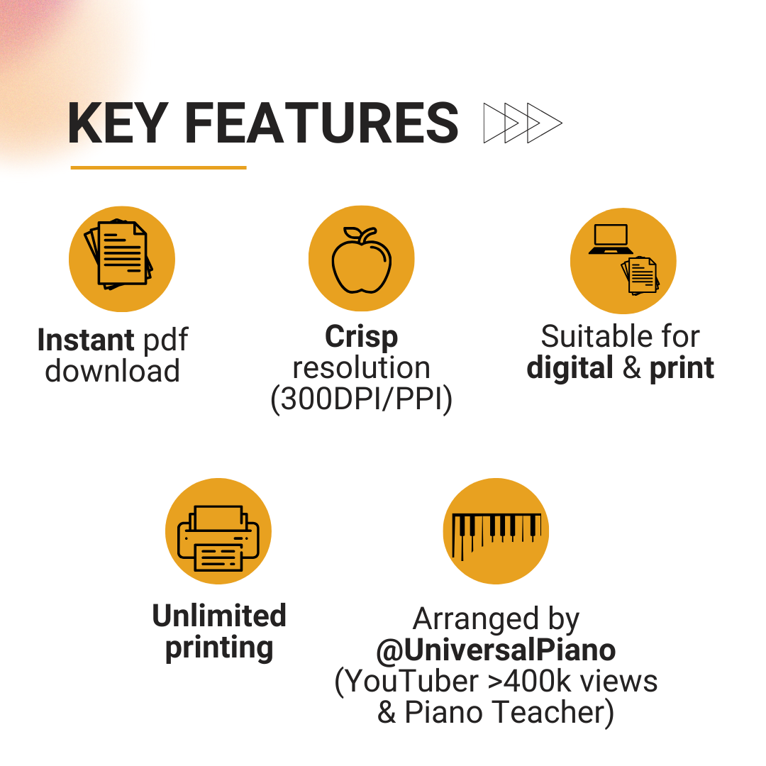 All notes labelled, QR code included for video demonstration on youtube, instant pdf download, suitable for both digital and print use, clear & crisp resolution (300DPI/PPI), unlimited printing, arrange by piano teachers and youtuber @UniversalPiano (greater than 400 thousand views)