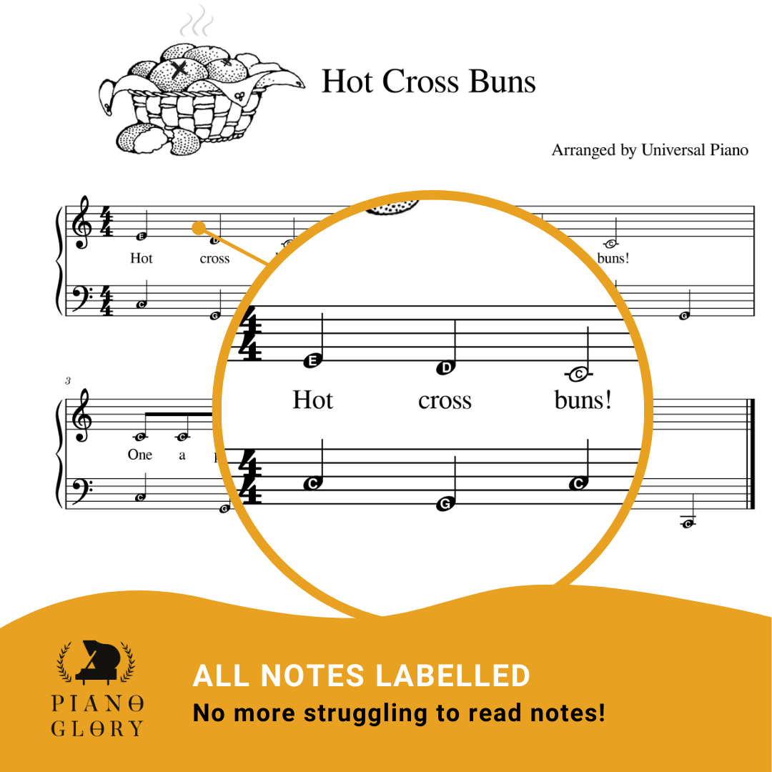 One page of Hot cross buns piano sheet music with notes labelled. This is Hot cross buns on piano for beginners with a zoom in so you can see the letters inside notes. This is to help learn piano notes more easily and help to learn how to read notes. this is a fun easter song for piano