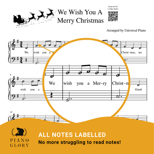 One page of We Wish You a Merry Christmas piano sheet music with notes labelled. This is piano sheet music of We Wish You a Merry Christmas on piano with a zoom in so you can see the letters inside notes. This is to help learn piano more easily and help to learn how to read notes.