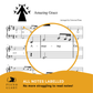 Amazing Grace easy piano sheet music for beginners, 1 page, 2-handed version with all notes labelled. Features a zoom-in on one bar with notes clearly labelled inside. Perfect for new pianists learning with clear guidance