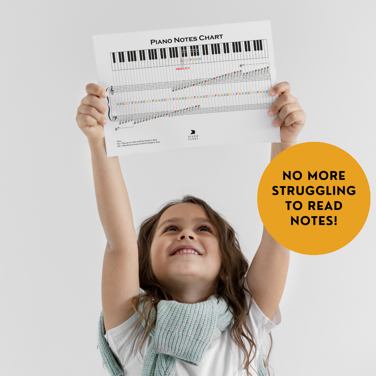 A happy girl holding a piano notes chart above her head, labeled 'No More Struggling to Read Notes.' The chart features labeled keys to help users learn to read notes on piano, with each key marked by its note name (e.g., C, D, E). 