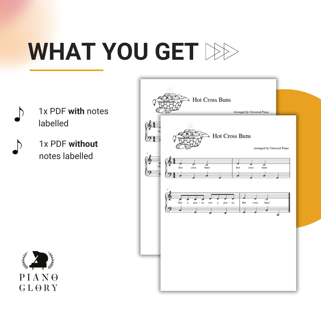 You get an instant pdf with all notes labelled of hot cross buns, an instant pdf of hot cross buns on piano for beginners without notes labelled also, and QR code printed on sheet music for easy access to a video demonstratio