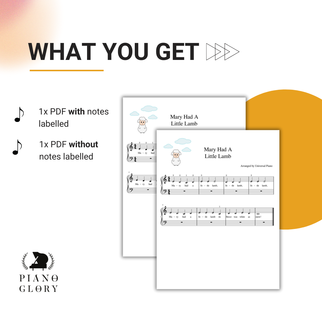 You get an instant pdf with all notes labelled of Mary Had a Little Lamb, an instant pdf of Mary Had a Little Lamb on piano for beginners without notes labelled